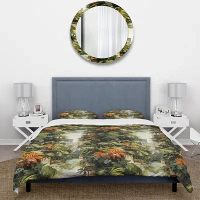 Design Art Urban Jungle Mirage - Tropical Duvet Cover Set - Microfiber Polyester In Green;orange