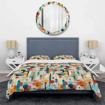 Design Art Urban Mosaic Ii - Geometric Duvet Cover Set - Microfiber Polyester In Blue;beige;orange