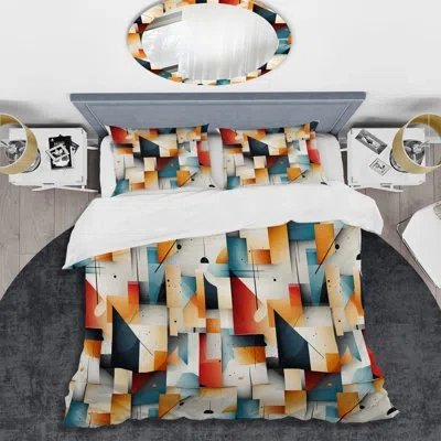 Design Art Urban Mosaic Iv - Geometric Duvet Cover Set - Microfiber Polyester In Blue;white;red