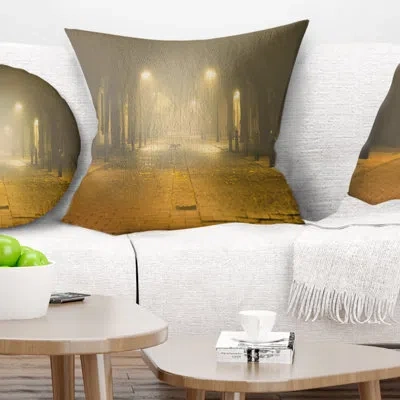 Design Art Urban Street At Night - Landscape Printed Throw Pillow In Yellow