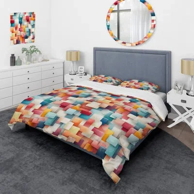 Design Art Urban Tranquility Iii - Geometric Duvet Cover Set - Microfiber Polyester In Blue;orange