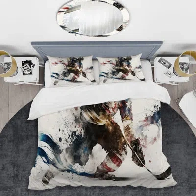 Design Art Usa Hockey Player In Action Vi - Sport Hockey Duvet Cover Set - Microfiber Polyester In Black;brown;white