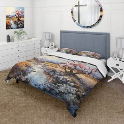 Design Art Vangogh Blossoming Almond Trees Ii Microfiber / Polyester Duvet Cover Setmicrofiber / Polyester Duve In Pink