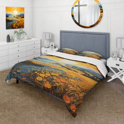 Design Art Vangogh Harvest Time In The Wheat Fields Ii Beddingmicrofiber / Polyester Duvet Cover Set In Blue;yellow