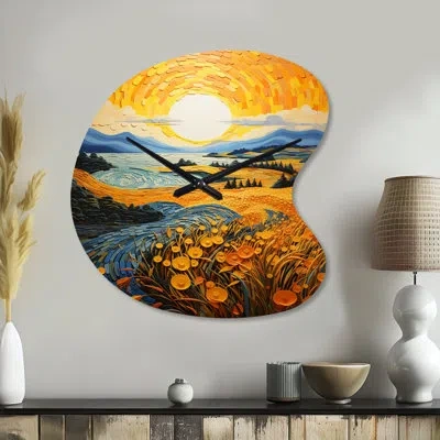 Design Art Vangogh Harvest Time In The Wheat Fields Ii - Vangogh Asymmetrical Metal Wall Clock, Traditional Uni In Blue;yellow