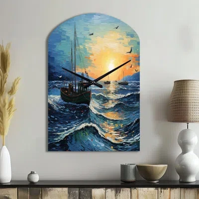 Design Art Vangogh Seascape With Fishing Iii - Vangogh Asymmetrical Metal Wall Clock, Traditional Arch Wall Clo In Teal