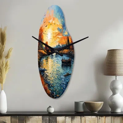 Design Art Vangogh The Bridge At Arles Ii - Vangogh Asymmetrical Metal Wall Clock, Traditional Curved Wall Cloc In Yellow