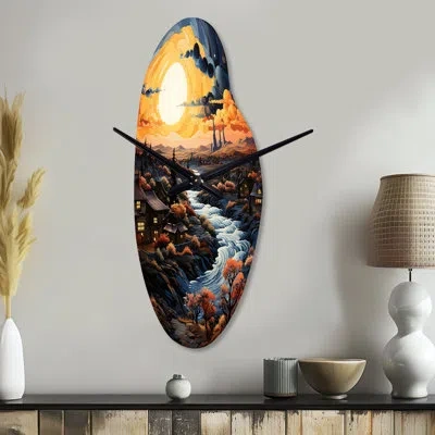 Design Art Vangogh Village At Sunset I - Vangogh Asymmetrical Metal Clock, Traditional Curved Wall Clock Print In Yellow