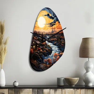 Design Art Vangogh Village At Sunset I - Vangogh Asymmetrical Metal Clock, Traditional Freeform Wall Clock Prin In Yellow
