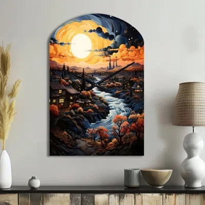 Design Art Vangogh Village At Sunset I - Vangogh Asymmetrical Metal Wall Clock, Traditional Freeform Wall Clock In Yellow