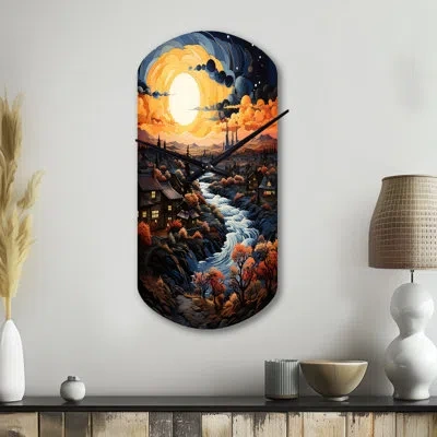 Design Art Vangogh Village At Sunset I - Vangogh Asymmetrical Metal Wall Clock, Yellow Cylinder Metal Clock Pri