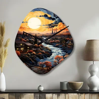 Design Art Vangogh Village At Sunset I - Vangogh Asymmetrical Metal Wall Clock, Yellow Unique Shape Clock Print