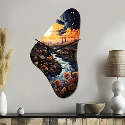 Design Art Vangogh Village At Sunset I - Vangogh Asymmetrical Metal Wall Clock, Yellow Unique Shape Clock Print