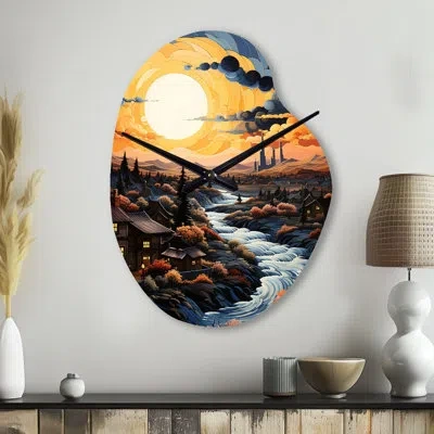 Design Art Vangogh Village At Sunset I - Vangogh Asymmetrical Metal Wall Clock, Yellow Unique Shape Metal Clock
