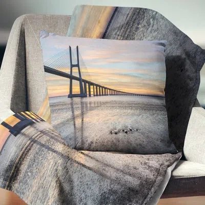 Design Art Vasco De Gama Bridge Lisbon - Sea & Shore Printed Pillow In Blue