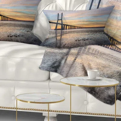 Design Art Vasco De Gama Bridge Lisbon - Sea & Shore Printed Throw Pillow In Blue
