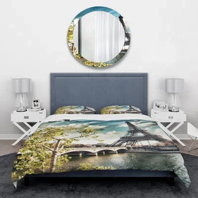 Design Art Vegetation Near Paris Eiffel Tower - Landscape Duvet Cover Set - Microfiber Polyester In Blue