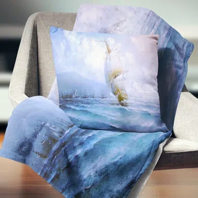 Design Art Vessel In Blue Sea - Sea & Shore Printed Pillow
