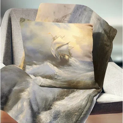 Design Art Vessel In Stormy Sea - Sea & Shore Printed Throw Pillow In Brown;yellow
