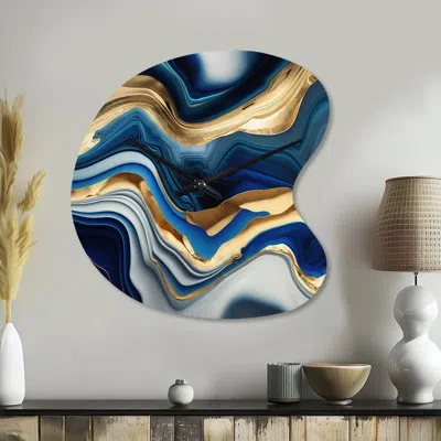 Design Art Vibrant Blue And Gold Agate Ii - Transitional Unique Shape Metal Wall Clock, Modern Asymmetrical Wal In Blue;gold