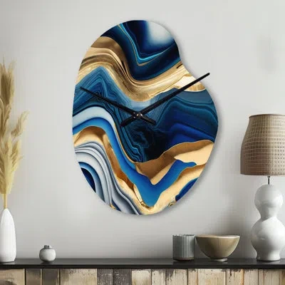 Design Art Vibrant Blue And Gold Agate Ii - Unique Shape Transitional Metal Wall Clock, Freeform Clock Print