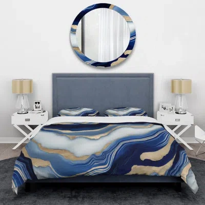 Design Art Vibrant Blue And Gold Flow Art Iii - Transitional Duvet Cover Set - Microfiber Polyester In Blue;gold