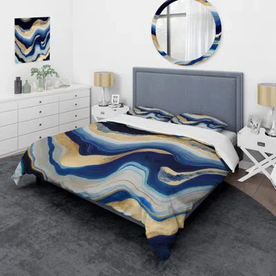 Design Art Vibrant Blue And Gold Flow Art Iv - Transitional Duvet Cover Set - Microfiber Polyester In Blue;gold