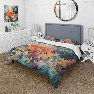 Design Art Vibrant Coral Reef I - Modern Beach Duvet Cover Set - Microfiber Polyester In Green;orange