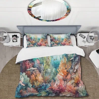 Design Art Vibrant Coral Reef Iii - Modern Beach Duvet Cover Set - Microfiber Polyester In Green;pink;orange
