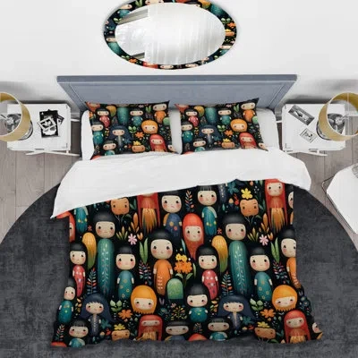 Design Art Vibrant Japan Kokeshi Doll Diversity I Duvet Cover Set In Black;green;orange
