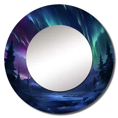Design Art Vibrant Northern Lights - Aurora Borealis Large Mirror, Blue Round Decorative Wall Mirror, Printed M In Blue;green;purple