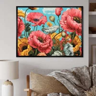 Design Art Vibrant Pink Poppy Field Dreams On Canvas Print In Black Floater Framed