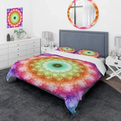 Design Art Vibrant Rainbow Mandala - Modern Duvet Cover Set - Microfiber Polyester In Green;pink;purple
