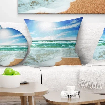 Design Art Vibrant Summer Sea At Daylight - Sea & Shore Printed Throw Pillow In Blue;black;brown;green;red;yellow