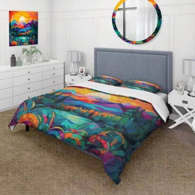 Design Art Vibrant Sunset Shining Over Mountains Ii Beddingmicrofiber / Polyester Duvet Cover Set In Green;pink;orange