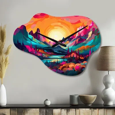 Design Art Vibrant Sunset Shining Over Mountains Iii - Mountains Asymmetrical Metal Wall Clock, Traditional Clo In Pink;orange;pink;orange