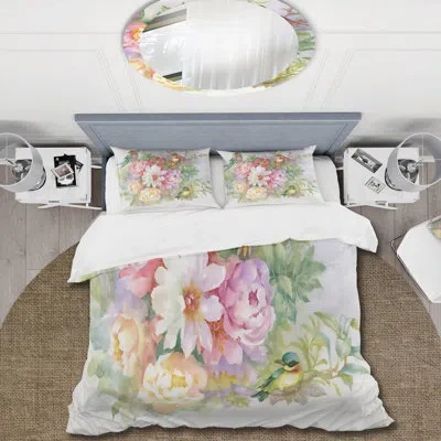 Design Art Vibrant Vintage Flowers And Colorful Birds - Traditional Duvet Cover Set - Microfiber Polyester