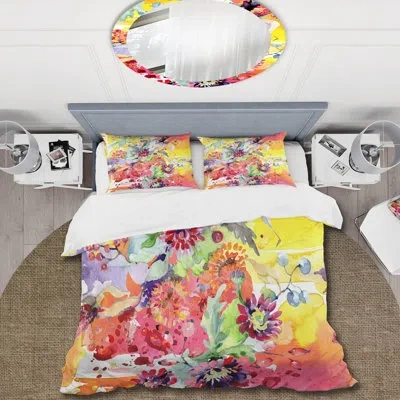 Design Art Vibrant Wild Spring Leaves And Wildflowers - Modern Duvet Cover Set - Microfiber Polyester In Pink,yellow