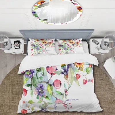 Design Art Vibrant Wild Spring Leaves And Wildflowers Xi - Modern Duvet Cover Set - Microfiber Polyester In Yellow,white