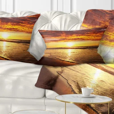 Design Art Vibrant Yellow Sun And Calm Waves - Sea & Shore Printed Throw Pillow