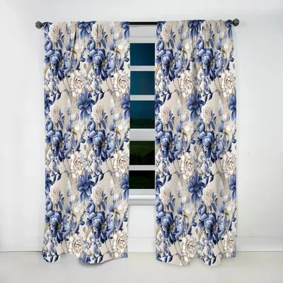 Design Art Victorian Blue And White Flowers Damask Iii - Bohemian Velvet Curtain - Room Darkening - 1 Panel In Blue;white