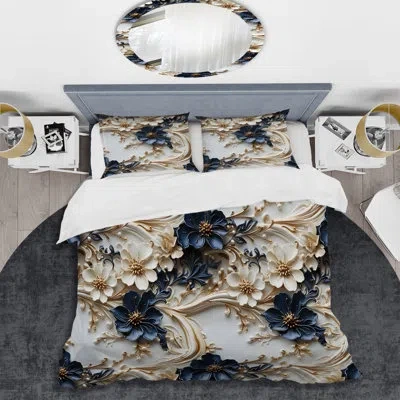 Design Art Victorian Opulence Marble Pattern Iii Duvet Cover Set In Blue;white