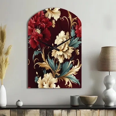 Design Art Victorian Renaissance Revival Victorian Pattern - Floral Arch Metal Wall Clock, Red Asymmetrical Clo