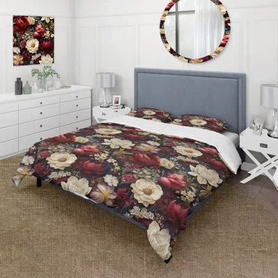 Design Art Victorian Royal Burgundy Peonies Iii - Floral Duvet Cover Set - Microfiber Polyester In Gray;beige;pink