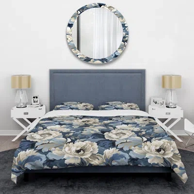 Design Art Victorian Stealth - Floral Duvet Cover Set - Microfiber Polyester In Blue;beige