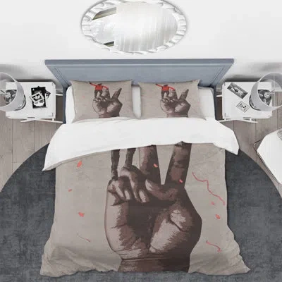 Design Art Victory Sign With Man With Arm Raised - Modern Duvet Cover Set - Microfiber Polyester In Brown