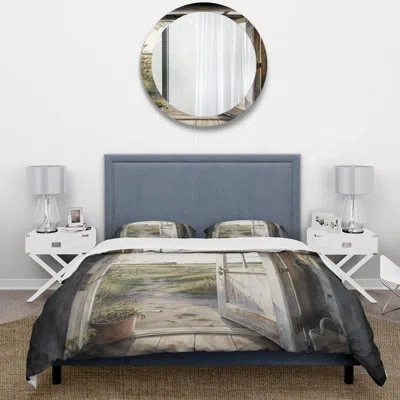 Design Art View From A Cottage Country Door I - Farm Duvet Cover Set - Microfiber Polyester In Brown;green