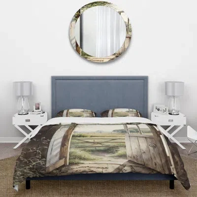 Design Art View From A Cottage Country Door Ii - Farm Duvet Cover Set - Microfiber Polyester In Brown;green