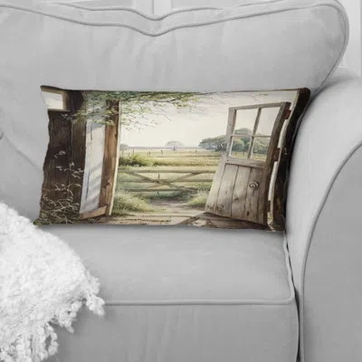 Design Art View From A Cottage Country Door Ii - Farm Landscape Printed Pillow In Brown;green