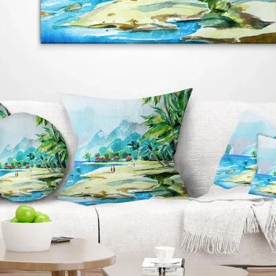 Design Art View From Shore - Landscape Printed Throw Pillow In Blue;green